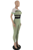 Pink Fashion Sexy Patchwork See-through O Neck Short Sleeve Two Pieces