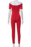 Red Sexy Solid Hollowed Out Patchwork Asymmetrical Off the Shoulder Regular Jumpsuits