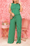 Rose Red Casual Striped Patchwork O Neck Short Sleeve Two Pieces