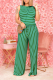 Green Casual Striped Patchwork O Neck Short Sleeve Two Pieces
