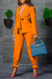 Blue Casual Work Solid Patchwork Turn-back Collar Long Sleeve Two Pieces(Contain The Belt)