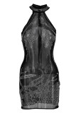 Black Sexy Solid Split Joint See-through Hot Drill O Neck Pencil Skirt Dresses
