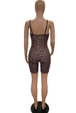 Coffee Sexy Print Leopard Patchwork Spaghetti Strap Regular Rompers