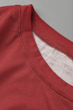 Red Living Print Patchwork O Neck Long Sleeve Two Pieces