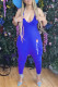 Blue Fashion Street Print Letter Spaghetti Strap Jumpsuits