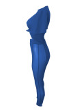 Blue Sexy Solid Patchwork See-through O Neck Short Sleeve Two Pieces