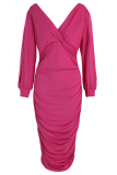 Fuchsia Sexy Solid Hollowed Out V Neck Pencil Skirt Dresses