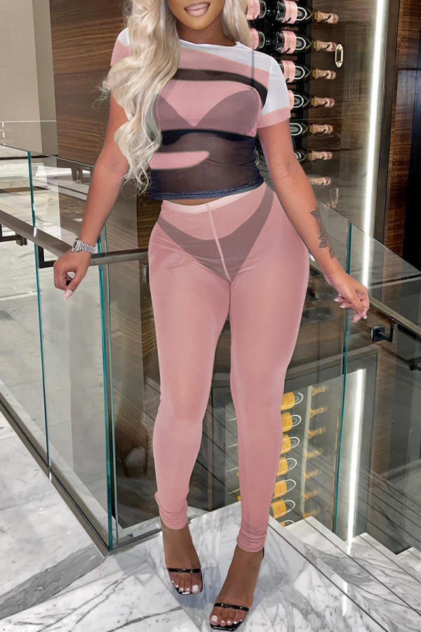 Pink Fashion Sexy Patchwork See-through O Neck Short Sleeve Two Pieces