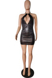 Gold Fashion Sexy Solid Hollowed Out Backless Fold Halter Sleeveless Dress Dresses