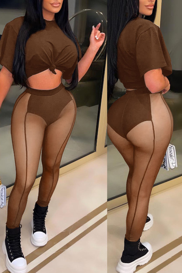 Brownness Sexy Solid Patchwork See-through O Neck Short Sleeve Two Pieces