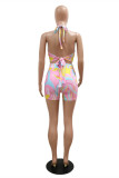 Green Fashion Sexy Print Bandage Hollowed Out Backless Halter Skinny Rompers