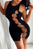 Black Fashion Sexy Solid Hollowed Out Chains O Neck Sleeveless Dress