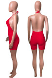 Red Sexy Solid Patchwork Halter Regular Rompers