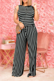 Rose Red Casual Striped Patchwork O Neck Short Sleeve Two Pieces