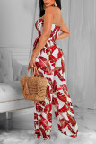Red Sexy Print Patchwork Strapless Straight Jumpsuits