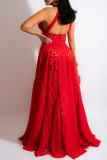 Red Fashion Sexy Solid Hollowed Out Backless Half A Turtleneck Evening Dress