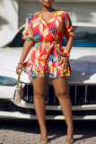Red Sweet Print Bandage Patchwork Flounce V Neck Rompers