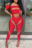 Red Sexy Solid Hollowed Out Patchwork Asymmetrical Off the Shoulder Regular Jumpsuits