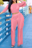 Pink Sexy Solid Patchwork See-through Flounce O Neck Three Quarter Two Pieces