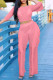Pink Sexy Solid Patchwork See-through Flounce O Neck Three Quarter Two Pieces