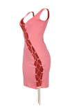 Pink Sexy Solid Hollowed Out Square Collar Pencil Skirt Dresses