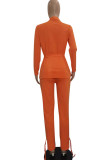 Orange Casual Work Solid Patchwork Turn-back Collar Long Sleeve Two Pieces(Contain The Belt)