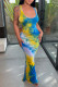 Blue Sexy Print Tie Dye Backless U Neck Vest Dress Dresses