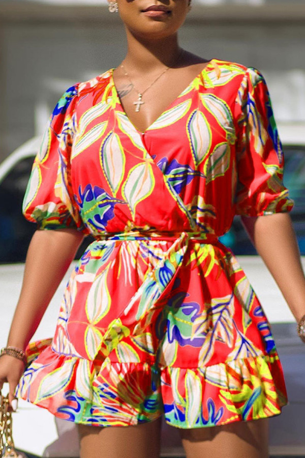 Red Sweet Print Bandage Patchwork Flounce V Neck Rompers