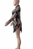 Multicolor Sexy Print Patchwork Buckle Turndown Collar Shirt Dress Dresses