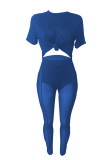 Blue Sexy Solid Patchwork See-through O Neck Short Sleeve Two Pieces