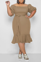 Brown Casual Solid Split Joint Flounce Straight Plus Size Dresses