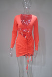 Orange Fashion Sexy Solid Bandage Hollowed Out Draw String V Neck Long Sleeve Dresses