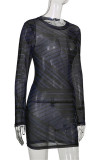 Black Fashion Sexy Print See-through O Neck Long Sleeve Dresses