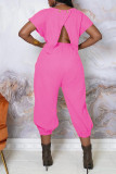 Pink Sexy Print Patchwork Backless O Neck Short Sleeve Two Pieces