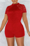 White Fashion Sexy Solid Lace Split Joint See-through Half A Turtleneck Skinny Romper