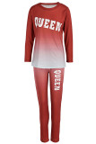 Red Living Print Patchwork O Neck Long Sleeve Two Pieces