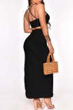 Tangerine Red Sexy Solid Hollowed Out Patchwork Slit Spaghetti Strap Sleeveless Two Pieces