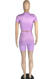 Light Purple Fashion Casual Solid Basic O Neck Short Sleeve Two Pieces