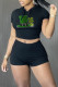 Black Fashion Casual Print Basic Hooded Collar Short Sleeve Two Pieces
