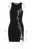 Black Fashion Sexy Solid Hollowed Out Chains O Neck Sleeveless Dress