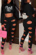 Black Sexy Print Hollowed Out Patchwork Hooded Collar Long Sleeve Two Pieces