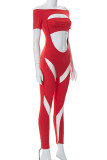 Red Sexy Solid Hollowed Out Patchwork Asymmetrical Off the Shoulder Regular Jumpsuits