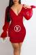 Red Fashion Sexy Print Patchwork Letter V Neck One Step Skirt Dresses