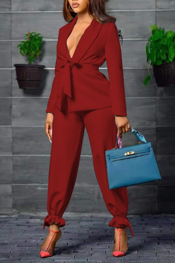 Burgundy Casual Work Solid Patchwork Turn-back Collar Long Sleeve Two Pieces(Contain The Belt)