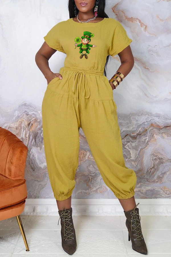 Yellow Sexy Print Patchwork Backless O Neck Short Sleeve Two Pieces