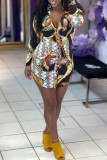 Multicolor Sexy Print Patchwork Buckle Turndown Collar Shirt Dress Dresses