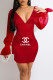 Red Fashion Sexy Print Patchwork Letter V Neck One Step Skirt Dresses