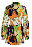 Multicolor Fashion Casual Print Without Belt Turndown Collar Long Sleeve Shirt Dress