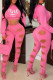 Pink Sexy Print Hollowed Out Patchwork Hooded Collar Long Sleeve Two Pieces