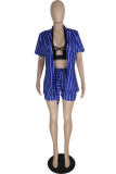 Red Casual Striped Patchwork Turndown Collar Short Sleeve Two Pieces